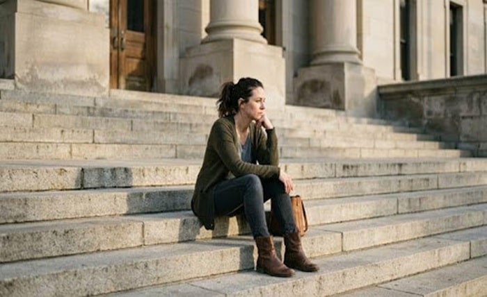 A person sits alone on the steps of a courthouse, contemplating their next steps after being ordered to take a court-mandated theft class.